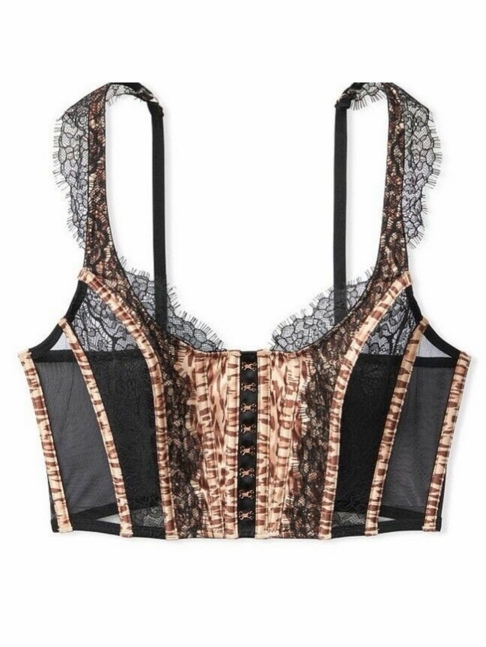 Victoria's Secret Black Animal Print Lace-Trim Satin Corset Bustier